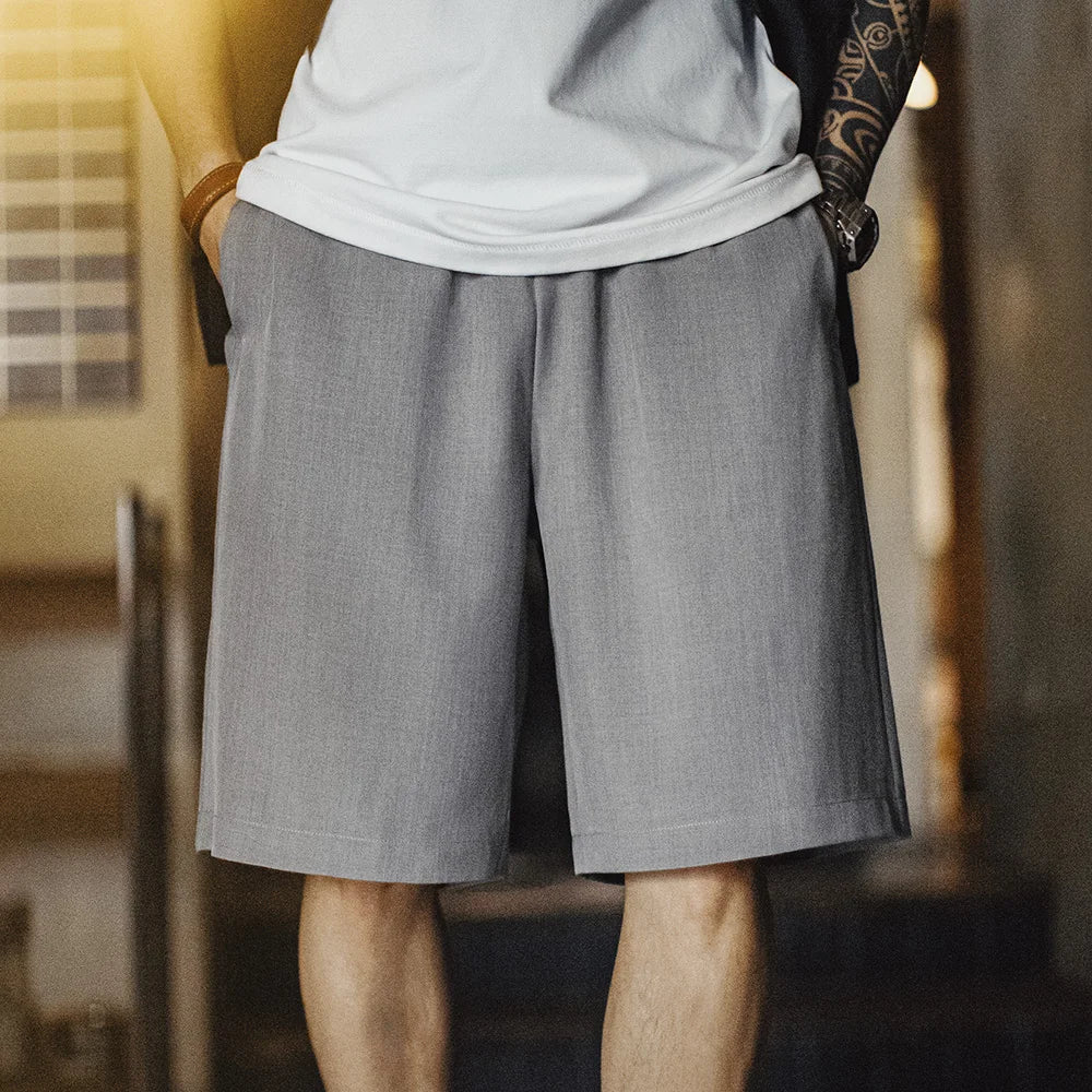 Maden Casual Solid Color Suit Shorts Men Summer Lightweight Office Shorts Elastic Waist Pockets Versatile Chino Business Bottoms