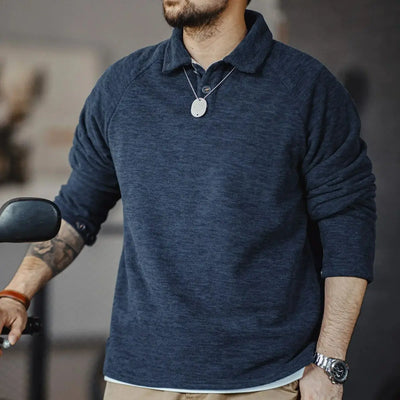 Maden Casual Half-button Placket Polar Fleece Polo Shirt Loose Fit Pullover Sweatshirt with Raglan Sleeves Warm Tops for Men