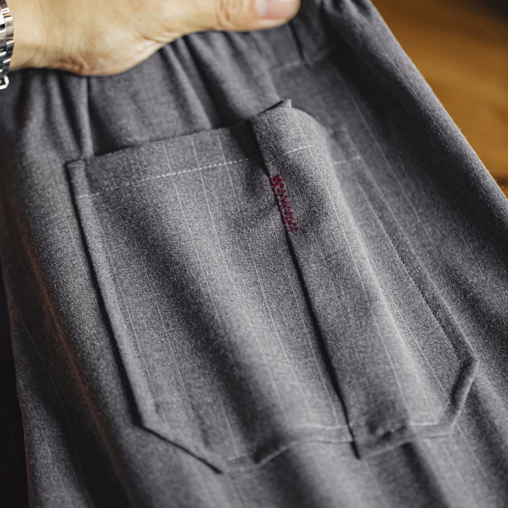 Maden Men's Vintage Vertical Striped Suit Shorts Men's Summer Elastic Waist Straight Leg Office Shorts Business Casual Pants