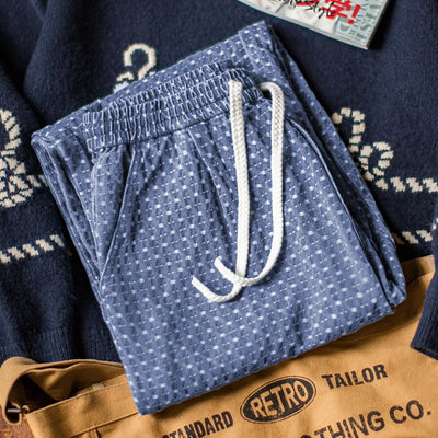 Maden Vintage Washed Blue Jeans Loose Fit Full Jacquard Denim Jeans Straight-Leg Elastic Waist Drawstring Trousers for Fall