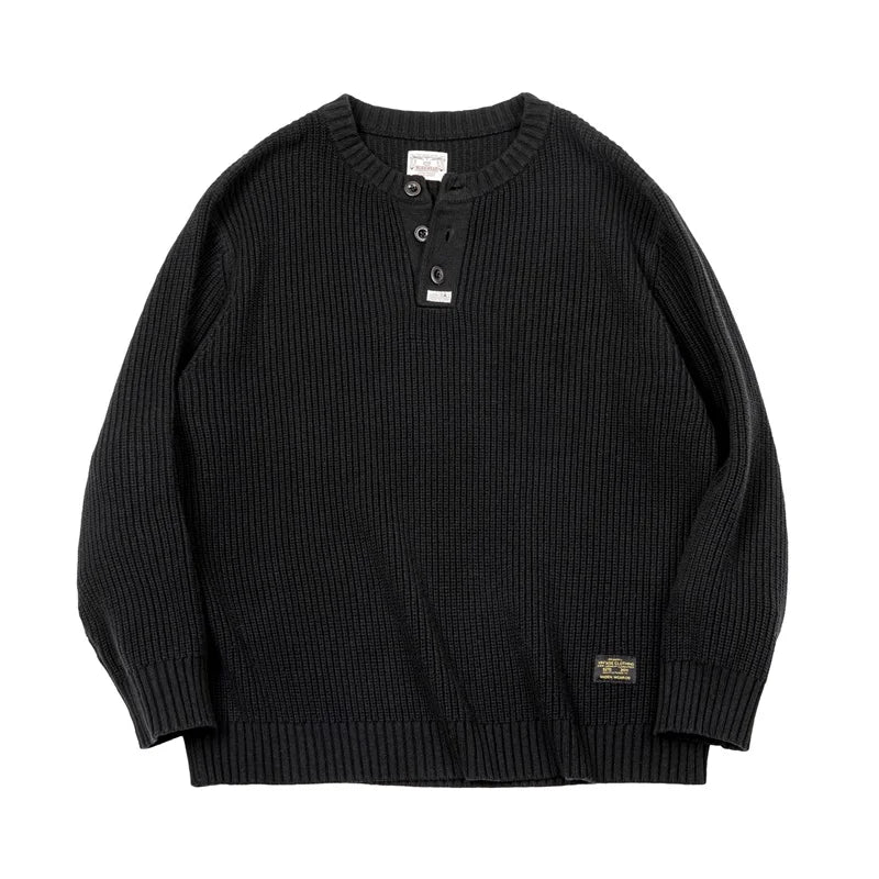 Maden Workwear American Retro Black Knitted Henley Shirt Vertical Stripe Pullover Sweater for Men Autumn and Winter