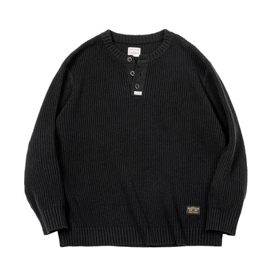 Maden Workwear American Retro Black Knitted Henley Shirt Vertical Stripe Pullover Sweater for Men Autumn and Winter