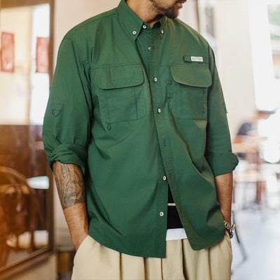 Maden Men's Vintage Multi-Pocket Long-Sleeve Shirt Green Cotton Loose Fit Single-Breasted Overshirt Lightweight Casual Blouse