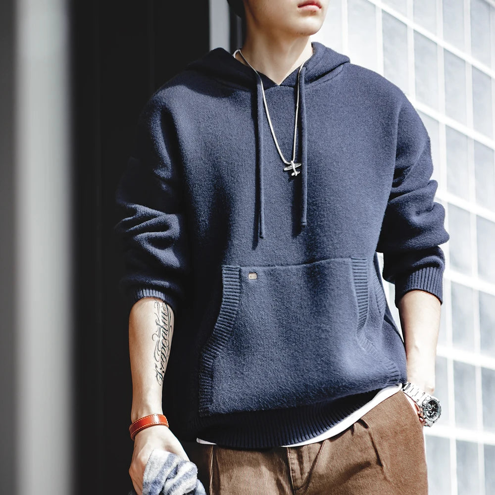 Maden Navy Blue Knitted Hoodie Heavyweight Hooded Knit Pullover Casual Men's Blended Sweater Thickened Outwear Cityboy Workwear