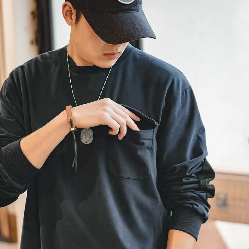 Maden Vintage Long-Sleeve T-Shirt with Suede Elbow Patches and Pocket Loose Fit Crew Neck Cotton Sweatshirt for Men's Autumn Top