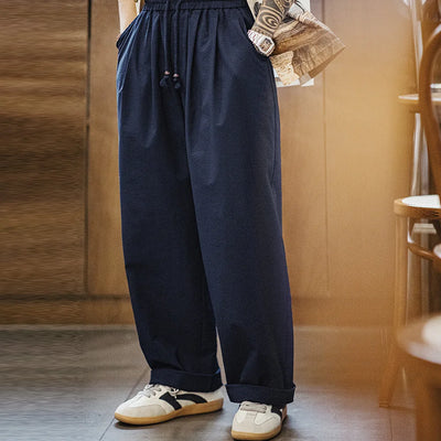 Maden Casual Elastic Waist Seersucker Pants Men's Lightweight Loose Wide Leg Breathable Trousers Navy Blue Versatile Bottoms
