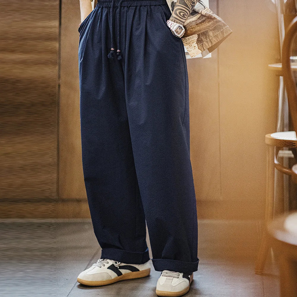 Maden Casual Elastic Waist Seersucker Pants Men's Lightweight Loose Wide Leg Breathable Trousers Navy Blue Versatile Bottoms