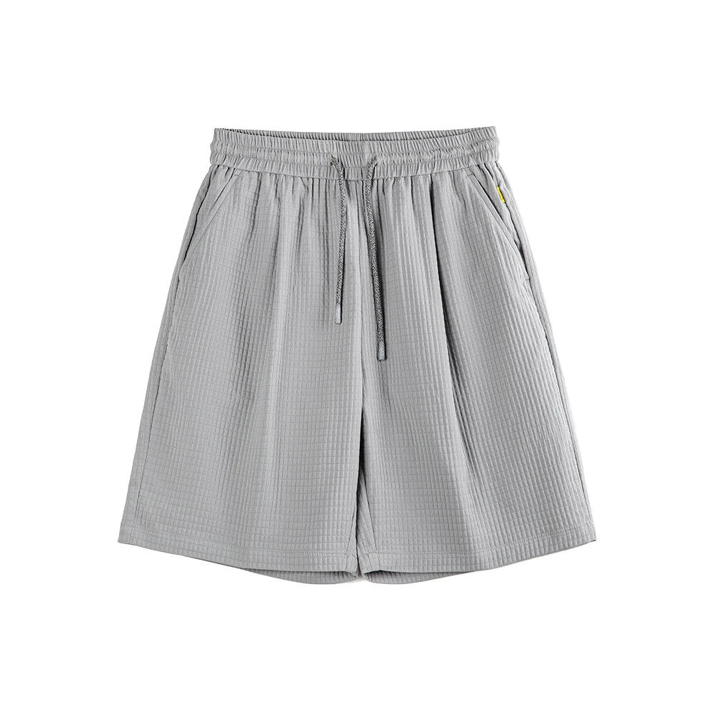 Maden Men's Summer Shorts Wrinkle-Resistant 3D Grid Pattern Straight-Fit Bermuda Shorts with Elastic Waist Short Pants