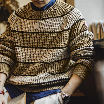 Maden Retro Striped Knitted Sweater with Round Neck Versatile Pullover for Men's Autumn and Winter Warm Knitted Casual Tops