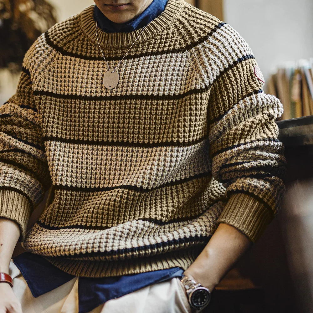 Maden Retro Striped Knitted Sweater with Round Neck Versatile Pullover for Men's Autumn and Winter Warm Knitted Casual Tops