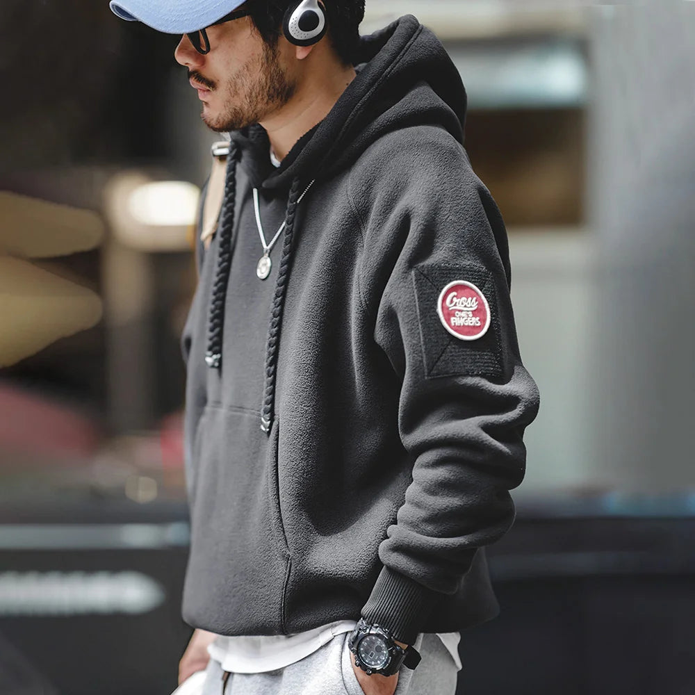 Maden 2024 Autumn Winter Casual Heavyweight Hoodie Men's Black Versatile Thickened Fleece Pullover Loose Warm Hooded Sweatshirt