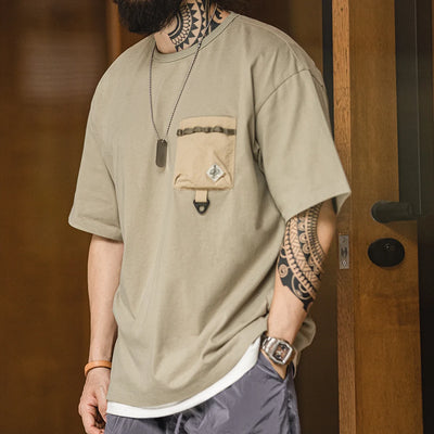 Maden Casual Outdoor Spliced Pocket Short Sleeve T-Shirt Men's Summer Loose Fit Breathable Round Neck Tee Comfortable Street Top