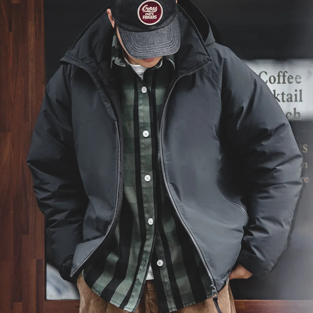 Maden Hooded Down Jacket for Men Winter Thickened Matte Glossy Fabric Parka Outdoor Warm Coat Versatile Outerwear Black Jacket