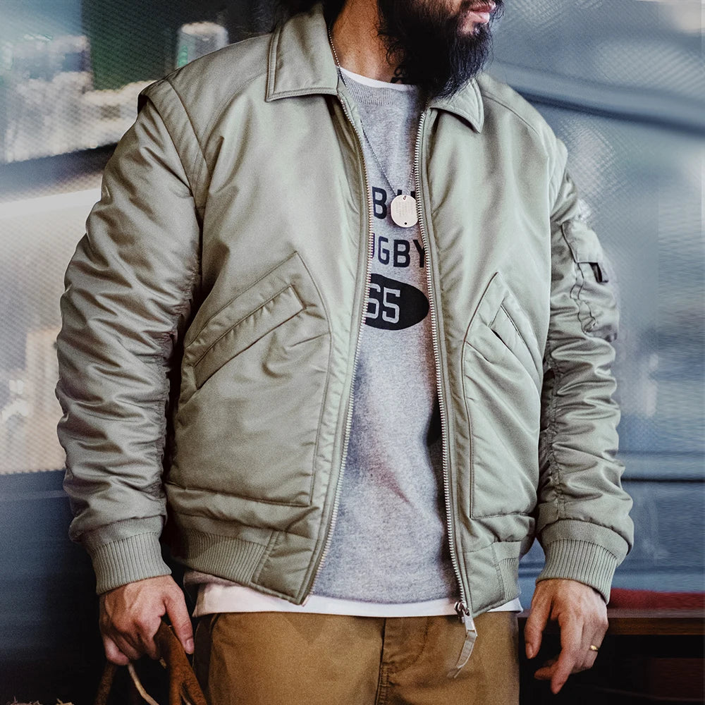 Maden Retro CWU-45P Pilot Jacket Grayish Green Warm Cotton-padded Coat Lapel Versatile Jackets Men's Autumn and Winter Outerwear