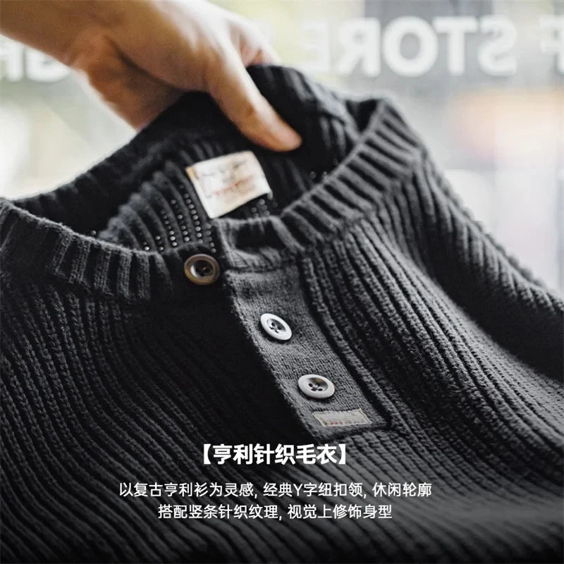 Maden Workwear American Retro Black Knitted Henley Shirt Vertical Stripe Pullover Sweater for Men Autumn and Winter
