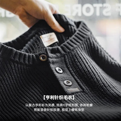 Maden Workwear American Retro Black Knitted Henley Shirt Vertical Stripe Pullover Sweater for Men Autumn and Winter
