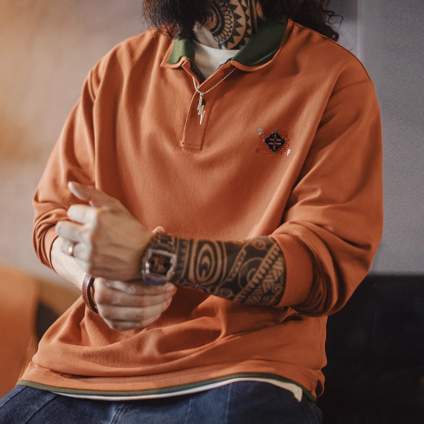 Maden Men's Vintage Navajo Embroidered Polo Shirt Contrast Knitted Sweatshirt Loose Fit Long Sleeve Pullover for Spring Fall