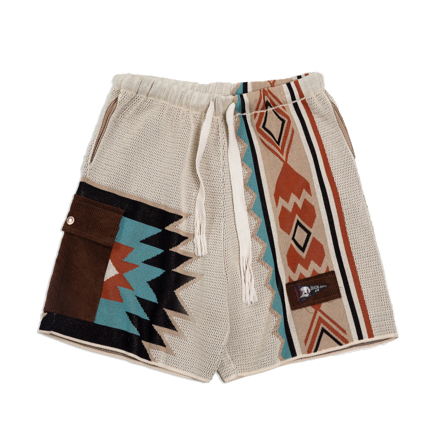 Maden Navajo Totem Knitted Shorts Men's  Elastic Waist Casual Shorts with Corduroy Pocket Summer Beach Breathable Short Pants