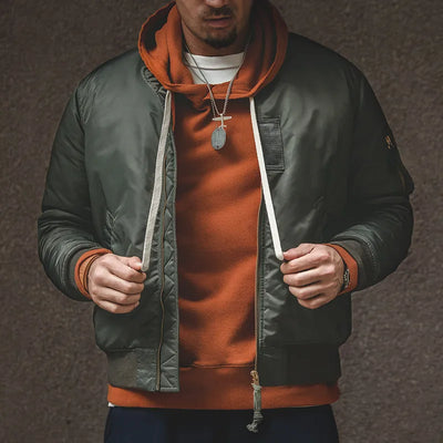 Maden Vintage MA1 Pilot Jacket Green Thickened Cotton-padded Jacket Casual Baseball Pockets Flight Zipper Outwear for Men's Fall
