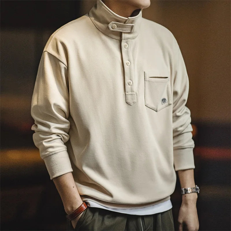 Maden Men's Half-Placket Sweatshirt American Retro Casual Polo Collar Shirt Cozy Style Lapel Pullover for Men Spring and Autumn