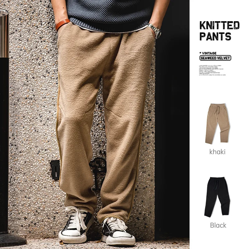 Maden Men's Autumn Winter Pants American Style Fleece Knitted Pants With Warm Elastic Waist And Plush Casual Pants