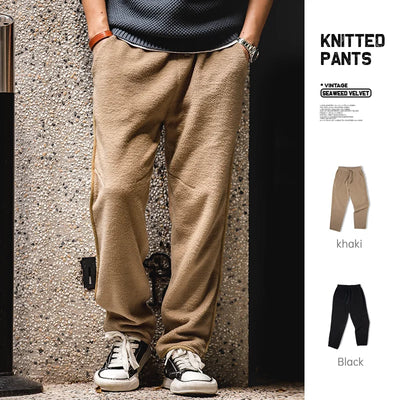 Maden Men's Autumn Winter Pants American Style Fleece Knitted Pants With Warm Elastic Waist And Plush Casual Pants