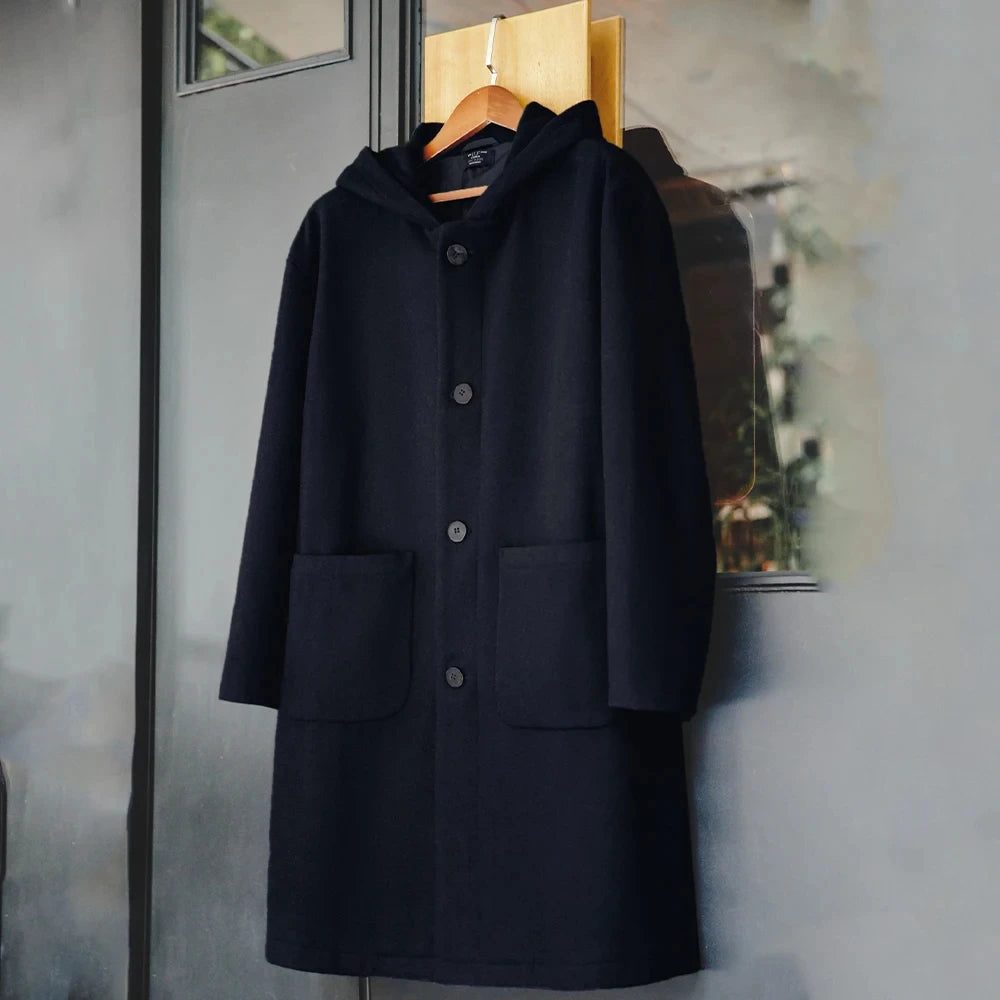 Maden Vintage Navy Blue Wool Hooded Coat Mid-Length Fleeced Jacket with Single-Breasted Warm College Style Men's Casual Overcoat