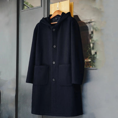 Maden Vintage Navy Blue Wool Hooded Coat Mid-Length Fleeced Jacket with Single-Breasted Warm College Style Men's Casual Overcoat