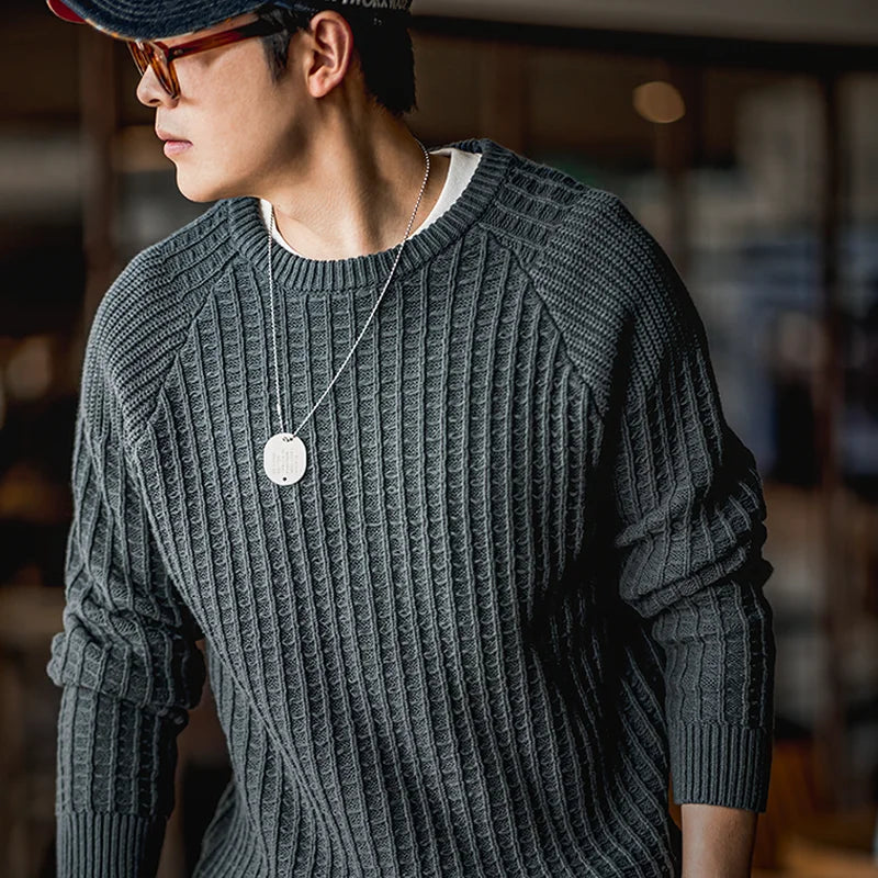 Maden Autumn Waffle Round Neck Knit Sweaters Casual Warm Solid Pullover Classic Fashion Loose Jumper for Men Tops Clothing