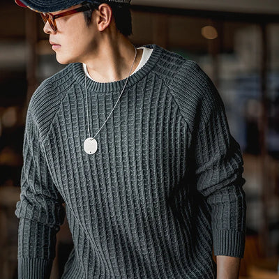 Maden Autumn Waffle Round Neck Knit Sweaters Casual Warm Solid Pullover Classic Fashion Loose Jumper for Men Tops Clothing