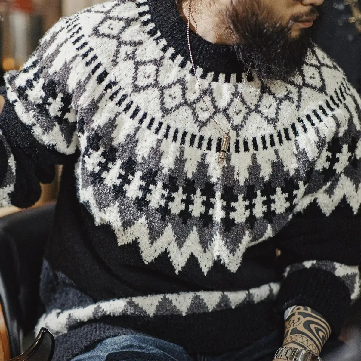 Maden Vintage Heavyweight Fair Isle Icelandic Sweater Round Neck Jacquard Bottom Knitwear Thickened Warm Pullovers for Christmas
