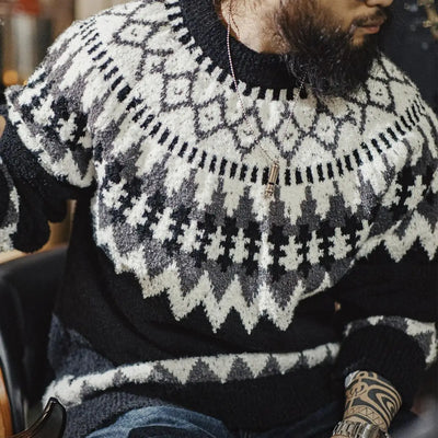 Maden Vintage Heavyweight Fair Isle Icelandic Sweater Round Neck Jacquard Bottom Knitwear Thickened Warm Pullovers for Christmas
