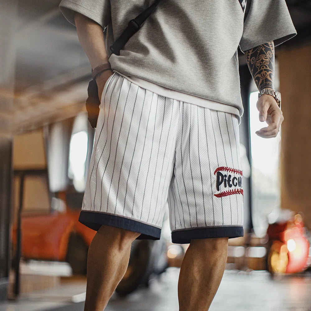Maden Casual Breathable Mesh Basketball Shorts Men Summer Train Loose Embroidered Baseball Shorts Patchwork Elastic Waist Bottom