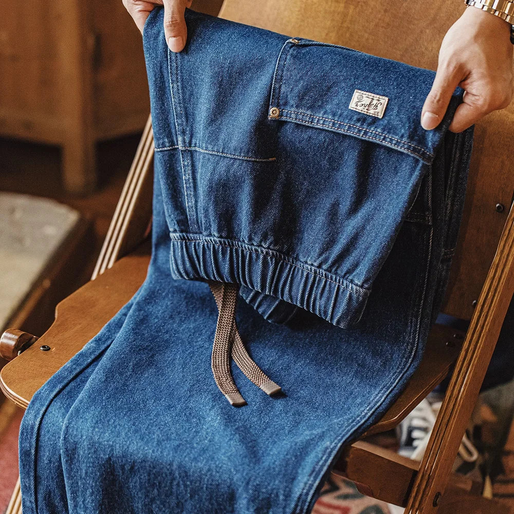 Maden Retro Heavyweight Washed Logging Jeans Loose with Pockets Elastic Waist Drawstring Design Solid Color Casual Trousers