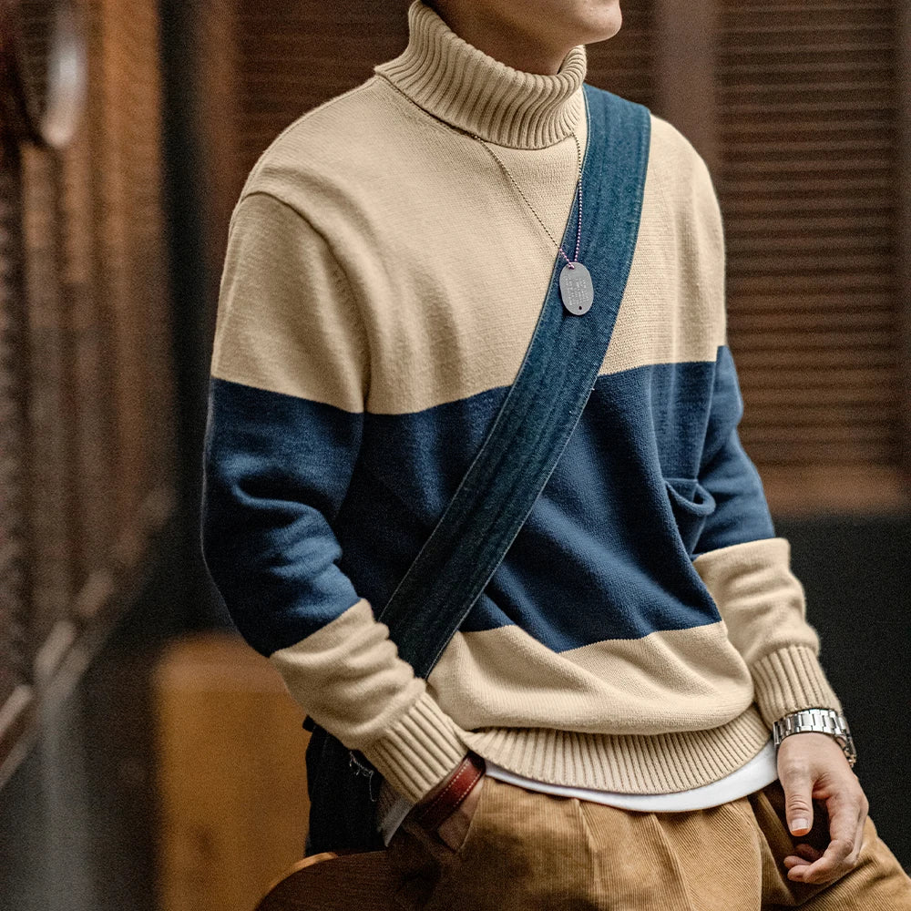 Maden Retro Turtleneck Knitted Sweater Contrasting Color Striped Pullover Warm Versatile Top for Men's Fall and Winter Clothing