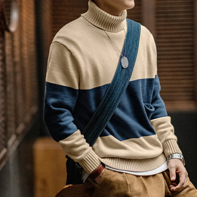 Maden Retro Turtleneck Knitted Sweater Contrasting Color Striped Pullover Warm Versatile Top for Men's Fall and Winter Clothing