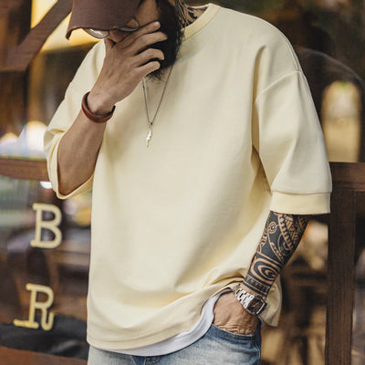 Maden New Casual Loose Fit Crew Neck Short Sleeve T-Shirt Men's Summer Basic Beige Breathable Tee Versatile Cotton Street Top