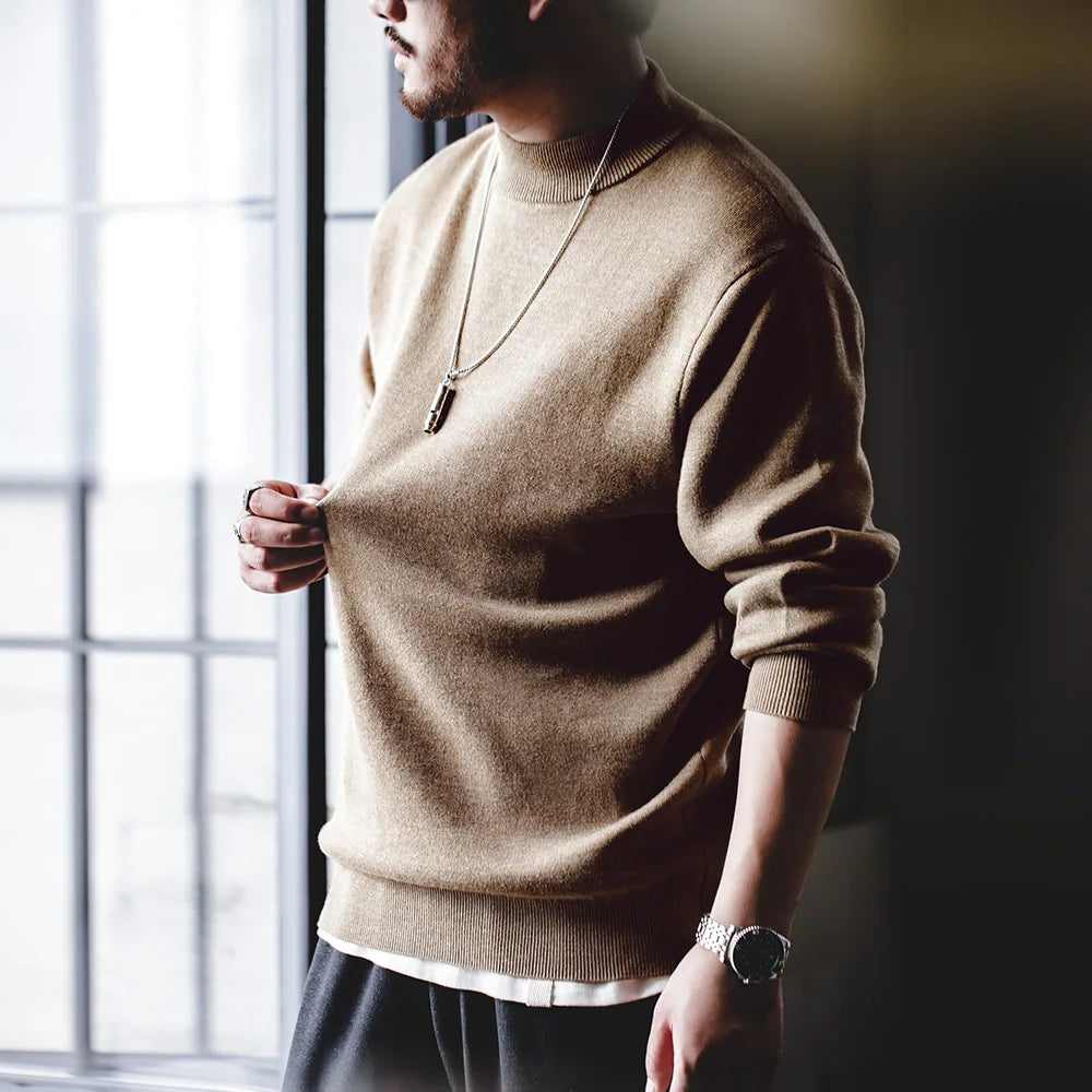Maden Autumn Winter New Regular Fit 12 Gauge Sweater Men Half Turtleneck Pullovers Knitwear Solid Color Warm Bottom Shirt