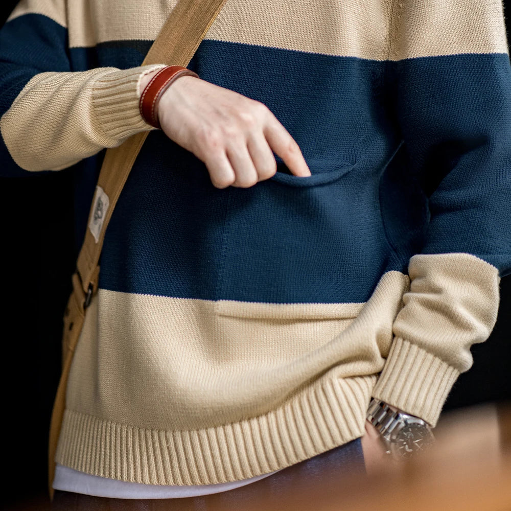 Maden Retro Turtleneck Knitted Sweater Contrasting Color Striped Pullover Warm Versatile Top for Men's Fall and Winter Clothing