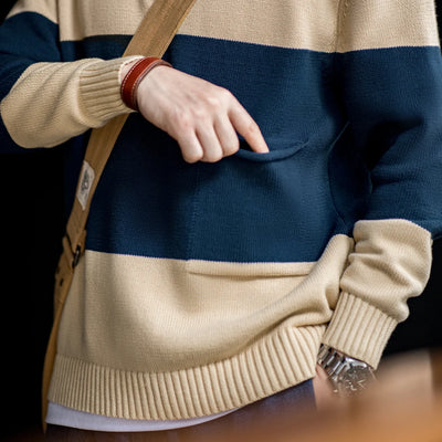 Maden Retro Turtleneck Knitted Sweater Contrasting Color Striped Pullover Warm Versatile Top for Men's Fall and Winter Clothing