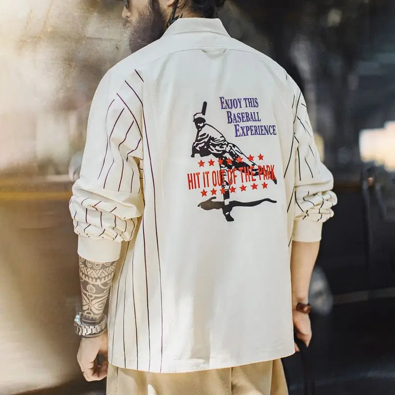 Maden Vintage Men's Baseball Print Polo Letter Embroidered Long Sleeve Shirt Cotton Beige Pullover for Spring and Fall Hoodie