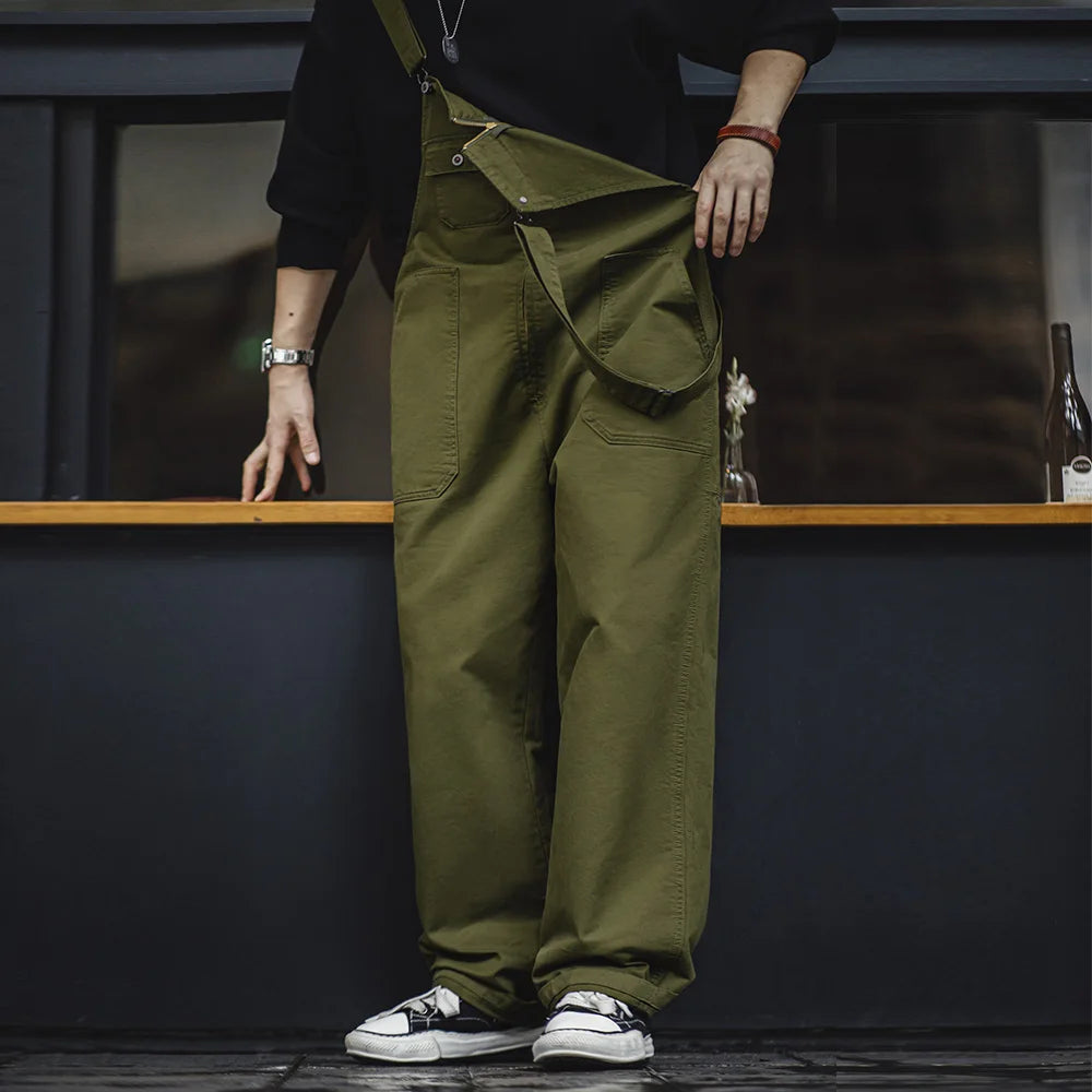 Maden Retro Overalls Casual Straight Jumpsuit for Men's Solid Color Spring and Autumn with Pocket Design Trousers