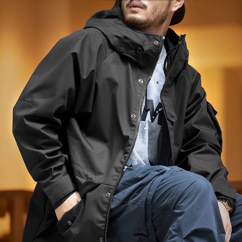 Maden Men Black Outdoor Sports Hooded Jacket Windbreaker Motorcycle Style Outwear Mid-length with Multi-pockets Coat for Autumn