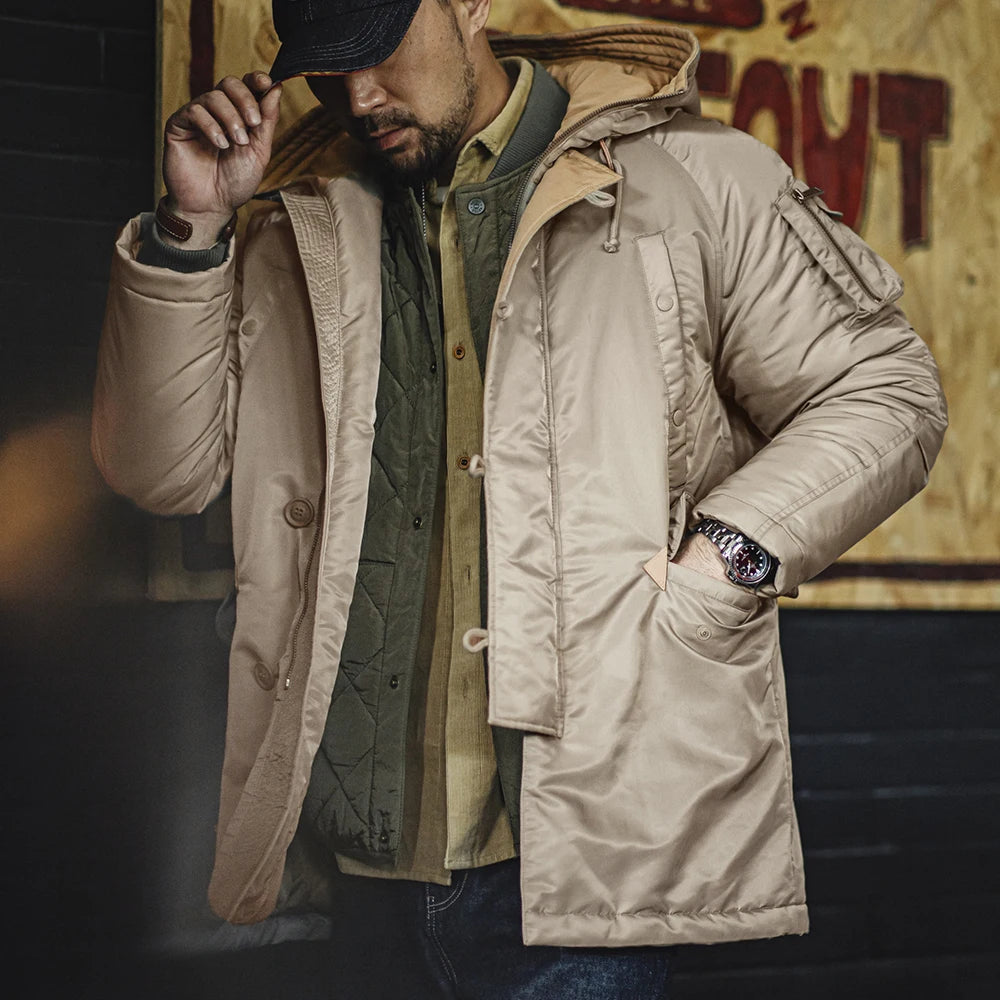 Maden Retro Pilot Cotton-padded Jacket Thickened Mid-length Hooded Warm Coat for Men's Autumn and Winter Khaki Color Outwear