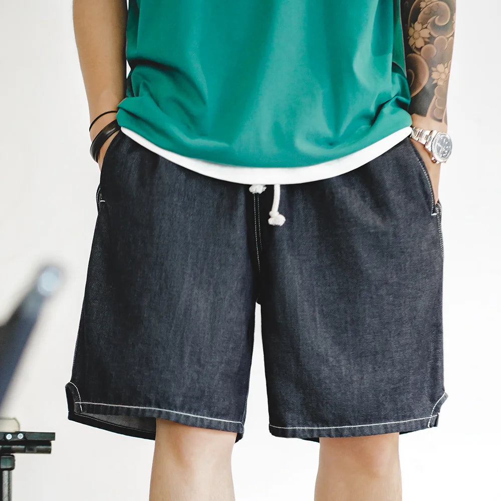 Maden Vintage Cool-Touch Denim Shorts Men's Summer Lightweight Straight Leg Elastic Waist Jeans Shorts Breathable Casual Bottom