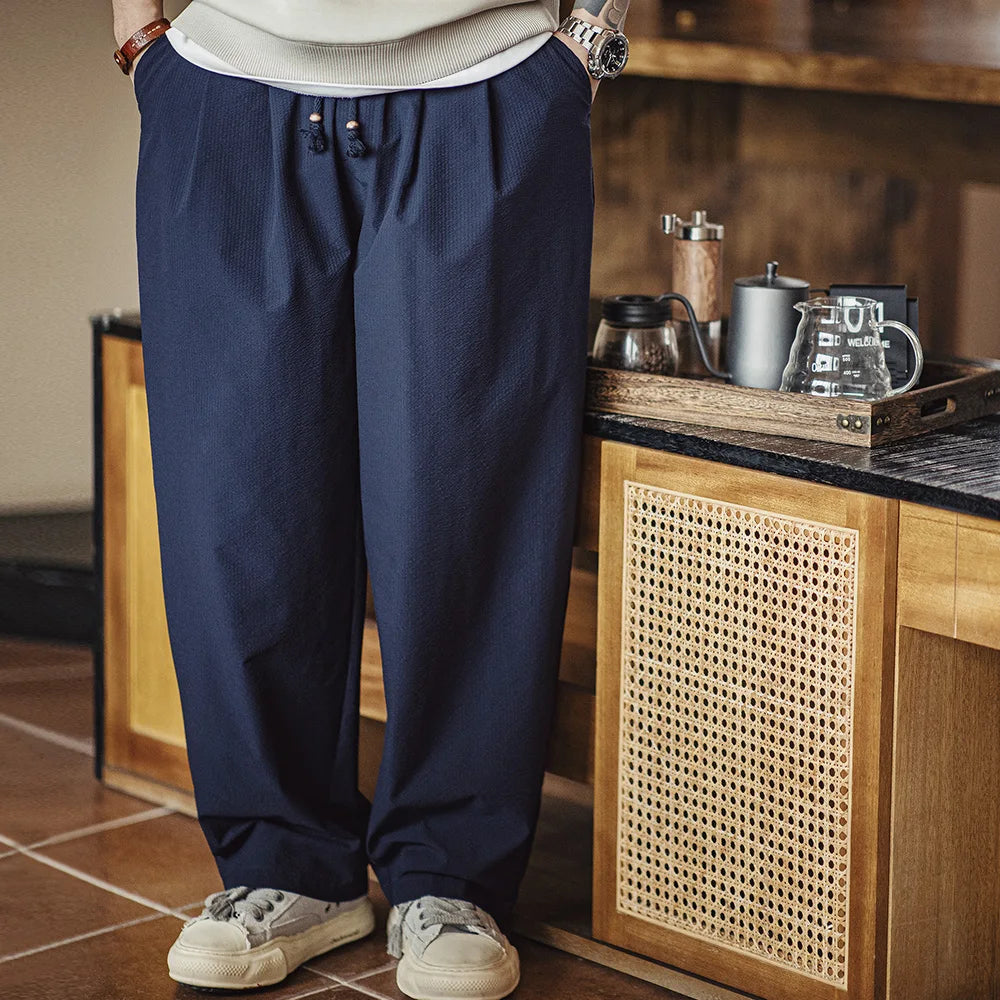Maden Casual Elastic Waist Seersucker Pants Men's Lightweight Loose Wide Leg Breathable Trousers Navy Blue Versatile Bottoms