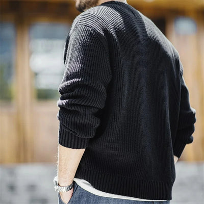 Maden Workwear American Retro Black Knitted Henley Shirt Vertical Stripe Pullover Sweater for Men Autumn and Winter