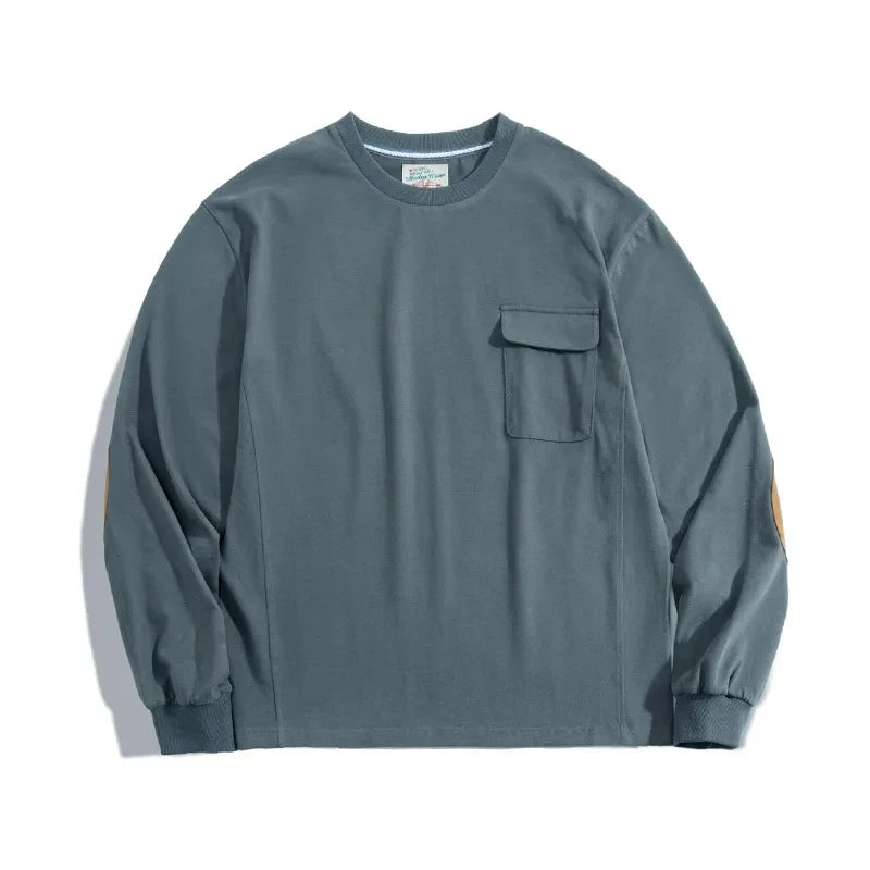 Maden Vintage Long-Sleeve T-Shirt with Suede Elbow Patches and Pocket Loose Fit Crew Neck Cotton Sweatshirt for Men's Autumn Top