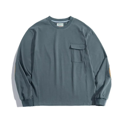 Maden Vintage Long-Sleeve T-Shirt with Suede Elbow Patches and Pocket Loose Fit Crew Neck Cotton Sweatshirt for Men's Autumn Top