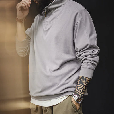 Maden Casual Half-zip Stand-collar Spliced Long-sleeve T-shirt Solid-color Versatile Pullover for Men's Spring and Autumn Tops